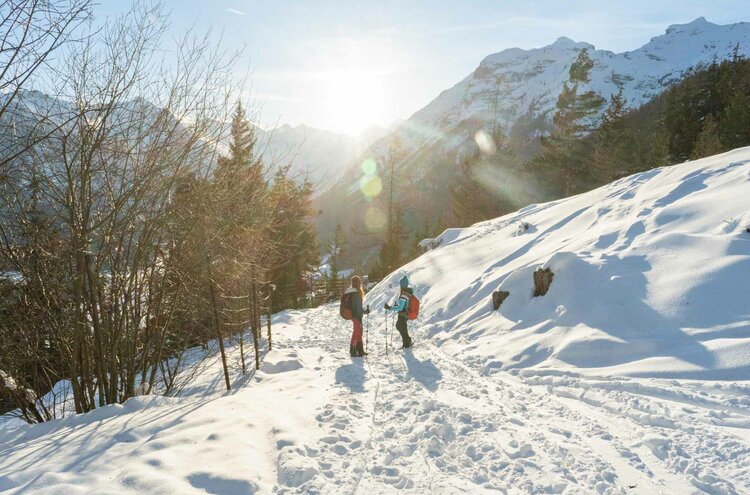 Zwei Personen beim Schneeschuhwandern in sonniger Winterlandschaft