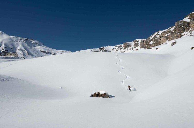 Skitourengeher bei der Abfahrt im Pulverschnee